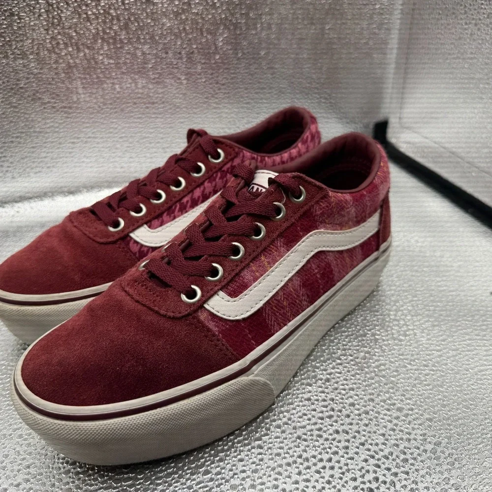 Size 7 Vans Ward Platform Plaid Mix Port Burgundy Suede Womens Sneakers 721356
